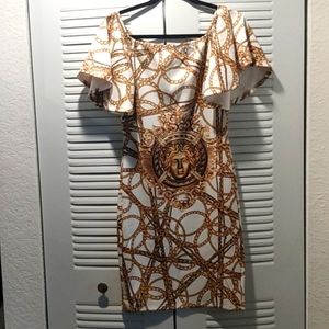 Versace Inspired Baroque Medusa Chain Link Print Dress Gold and White New NWOT